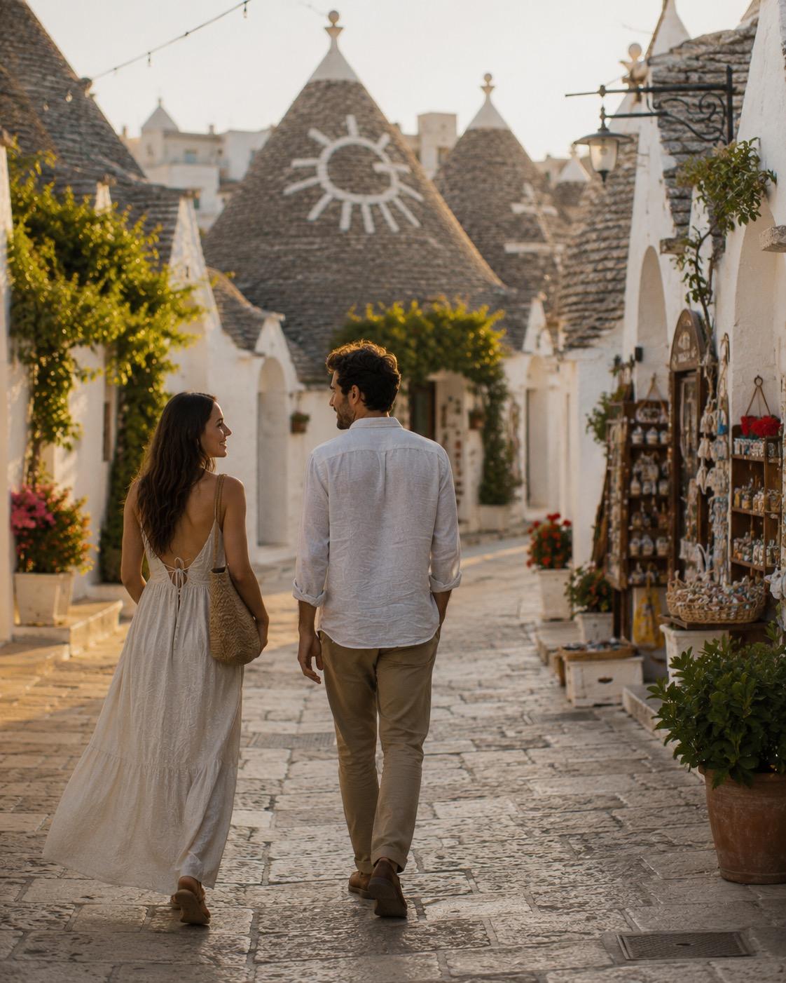 Una coppia passeggia in un vicolo acciottolato tra i tetti conici in pietra dei trulli di Alberobello.