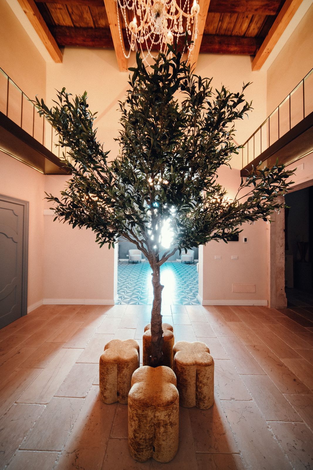 An olive tree surrounded by tree-stump stools in the beamed central hall, lit from behind by the open doorway.