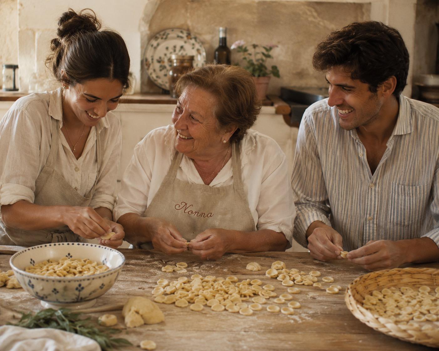 Una nonna insegna a due ospiti a fare le orecchiette a mano su un tavolo di legno infarinato.