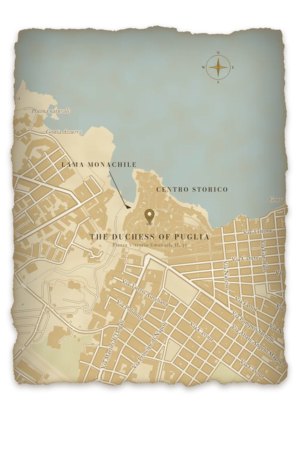Mappa d'epoca di Polignano a Mare con la posizione di The Duchess of Puglia