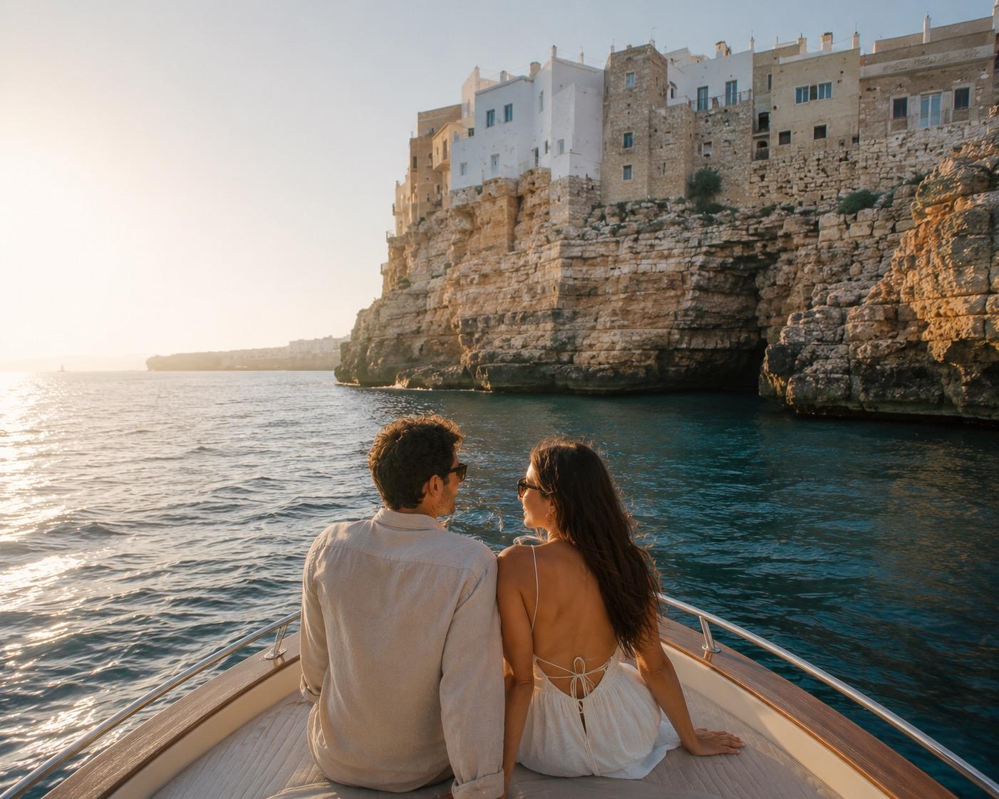 Una coppia a prua di una barca guarda le case di Polignano a Mare aggrappate alla scogliera calcarea.