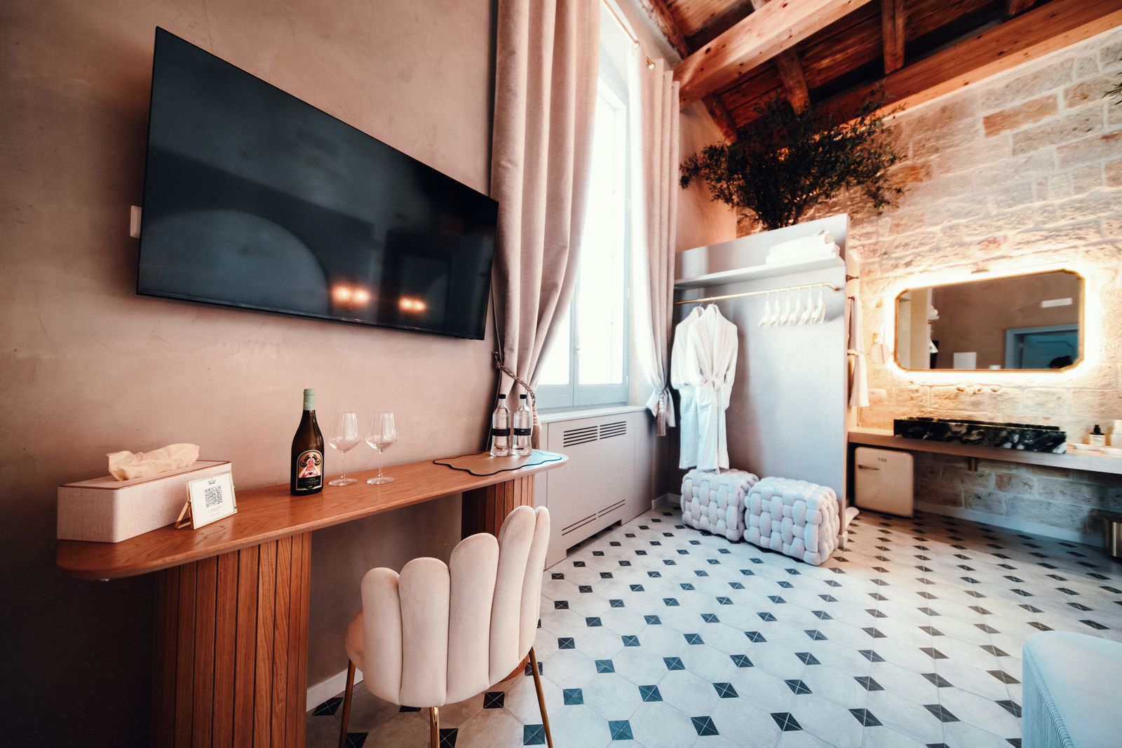 The writing desk, the robes and the patterned floor.